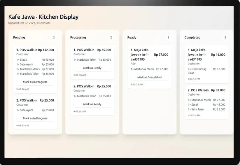 Tampilan Kitchen Display System di Leycra